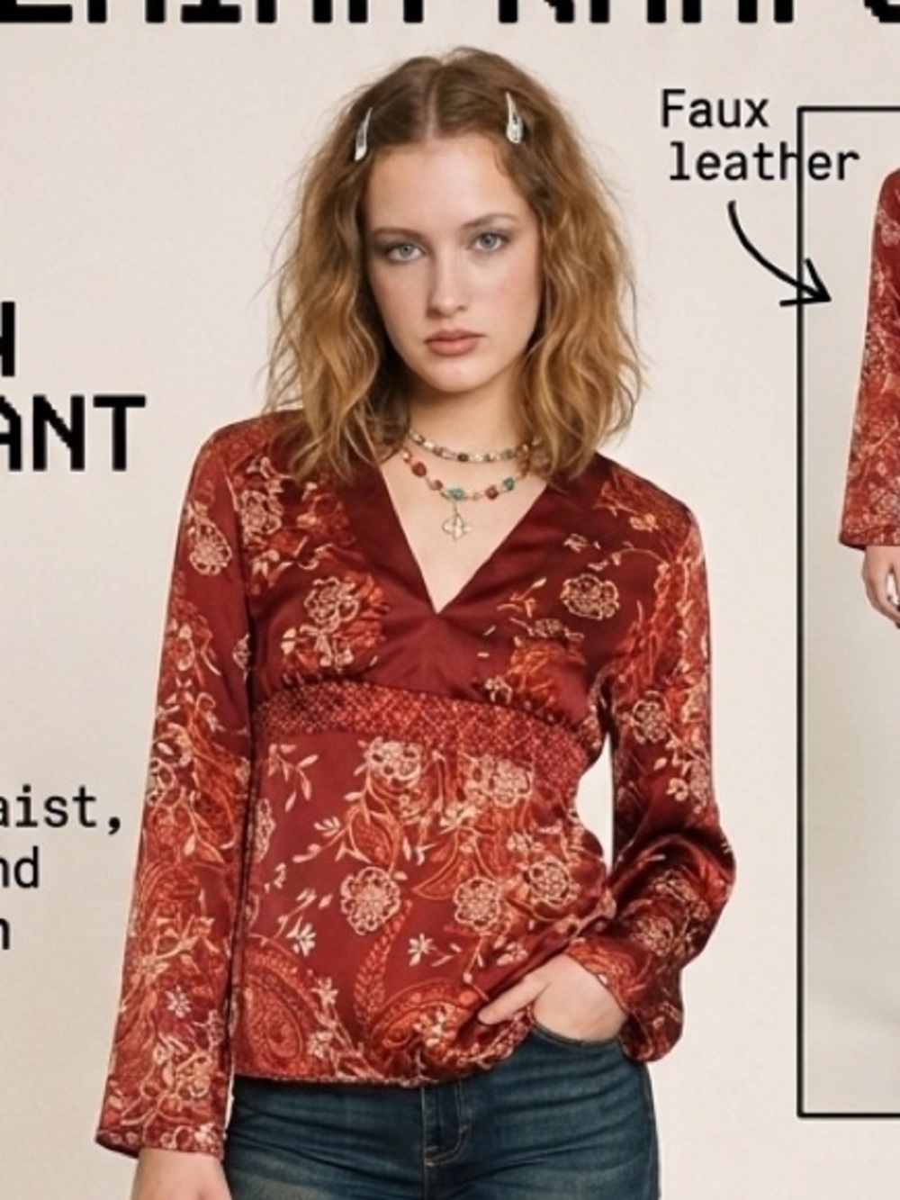 VTG New York & Co size M red paisley floral silk kimono babydoll blouse Y2K